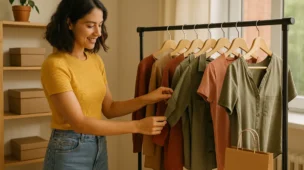 Empreendedora organizando roupas em uma arara simples dentro de casa, iniciando uma loja de roupas com baixo investimento.