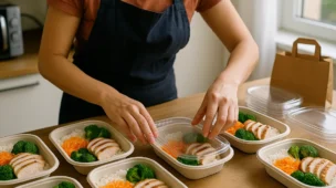 Pessoa colocando marmitas saudáveis em embalagens, pronta para entregas em um negócio local de delivery