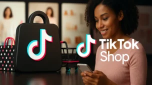 Mulher comprando pelo celular com destaque para o logo do TikTok Shop ao lado de sacolas e carrinho de compras