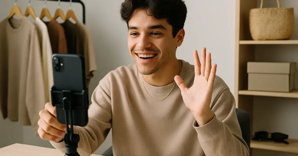 Jovem criador de conteúdo gravando vídeo com produtos para vender no TikTok Shop em casa